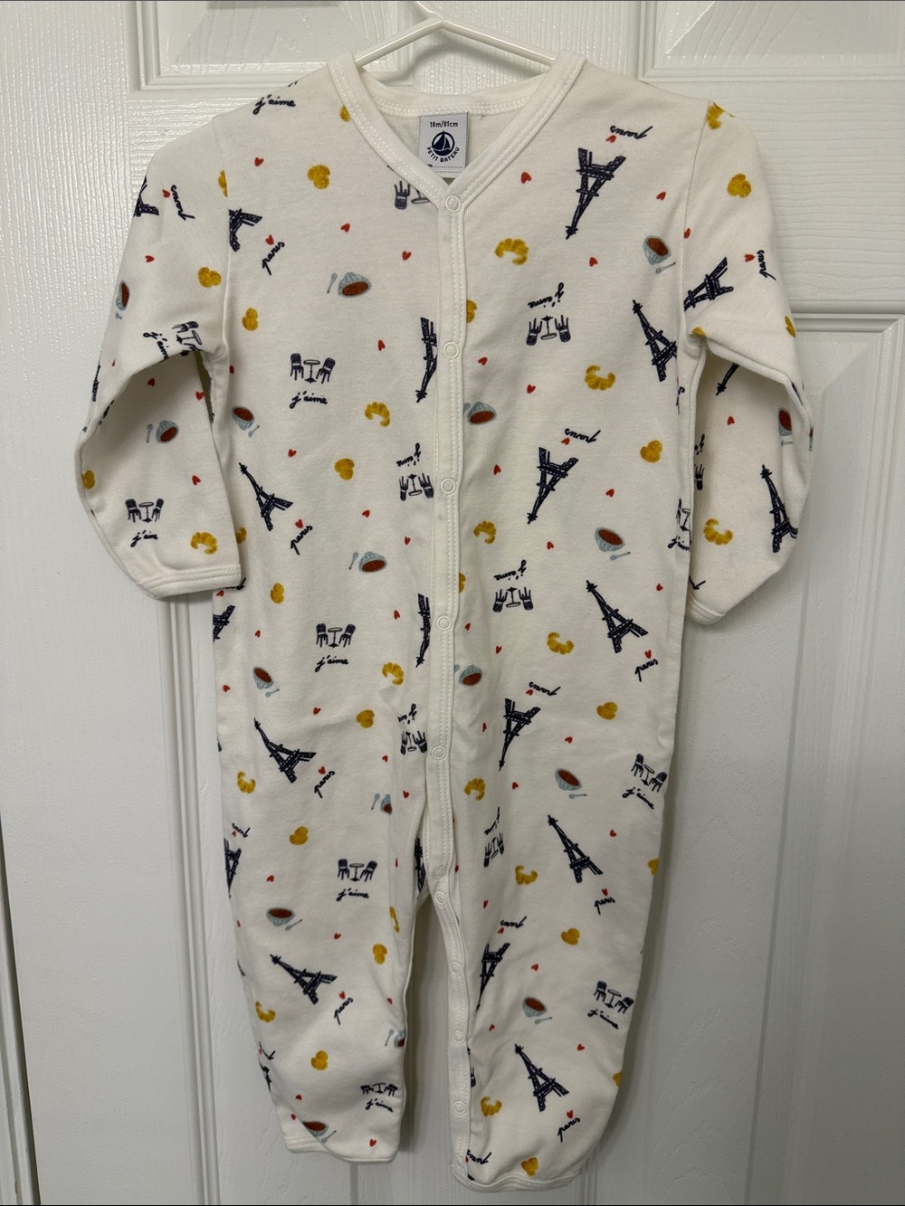 Petit Bateau White One-Piece Footie with Navy Eiffel & Yellow Accents